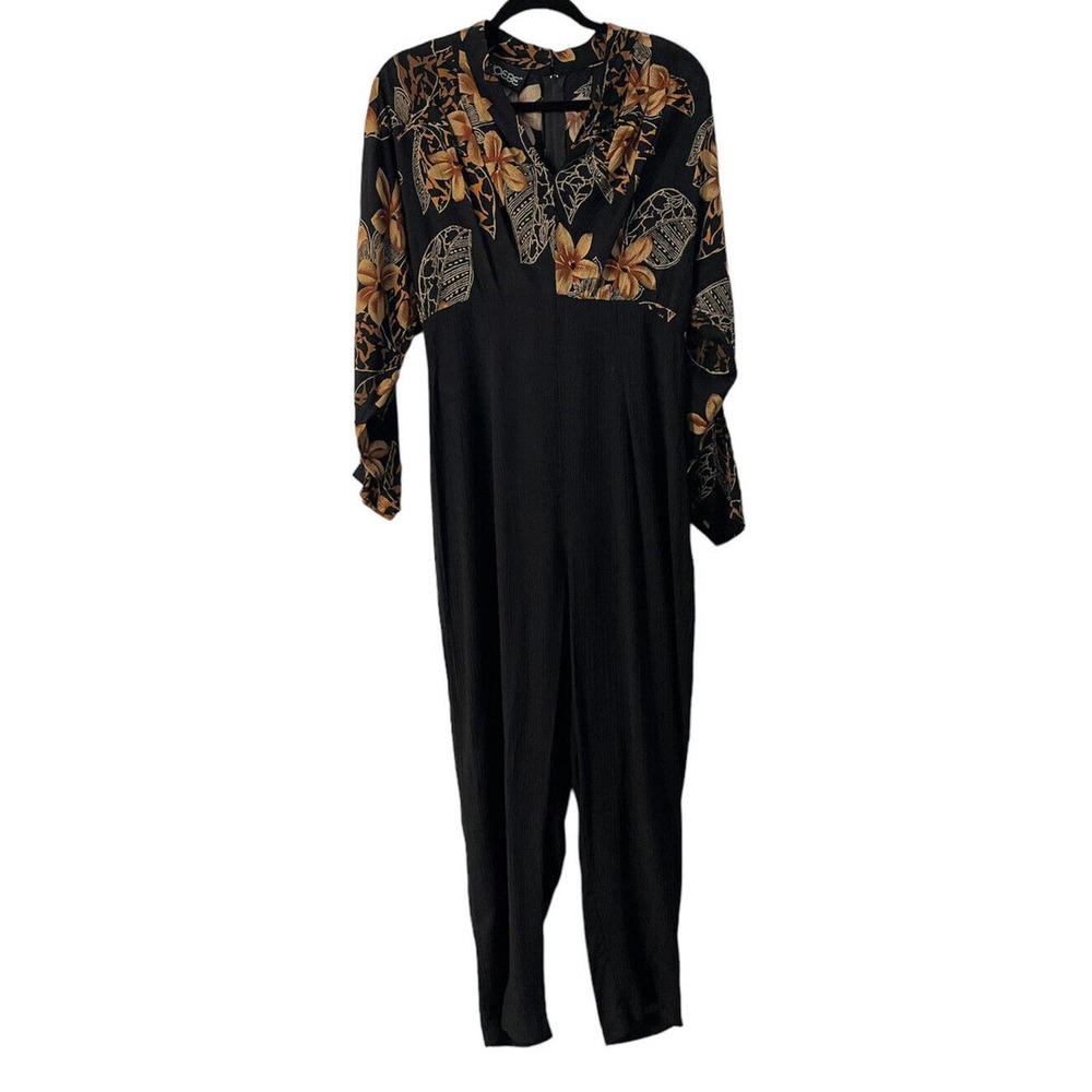 Vintage 80s Phoebe Womens S Brown Floral Black Legs Jumpsuit USA